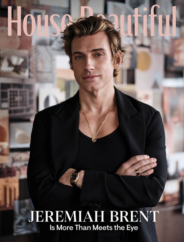 Magazine cover featuring Jeremiah Brent in a black suit, gold chain, and wristwatch, against a background of design images.