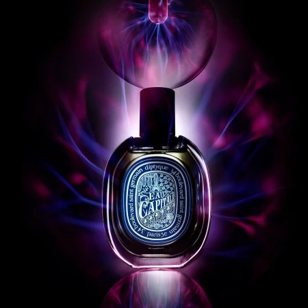 Elegant perfume bottle with abstract blue and purple lighting effects on a glossy black surface, studio shot, showcasing luxury and fragrance.