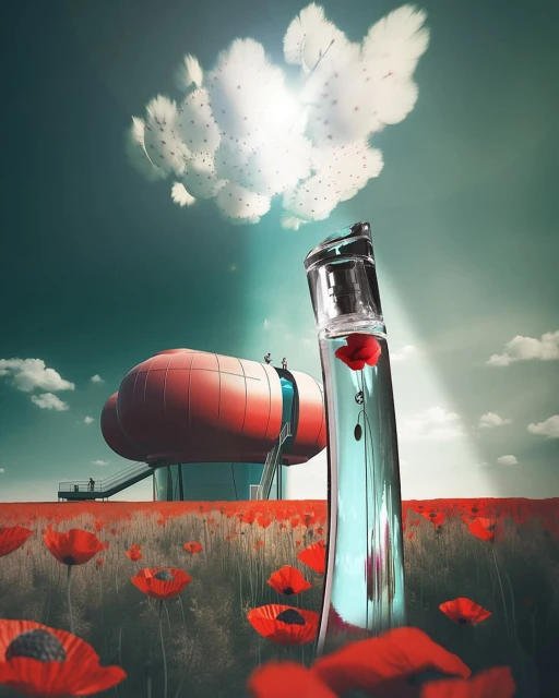 Clear glass perfume bottle with red flower on a wheat field with a modern red building and cloudy sky in the background.