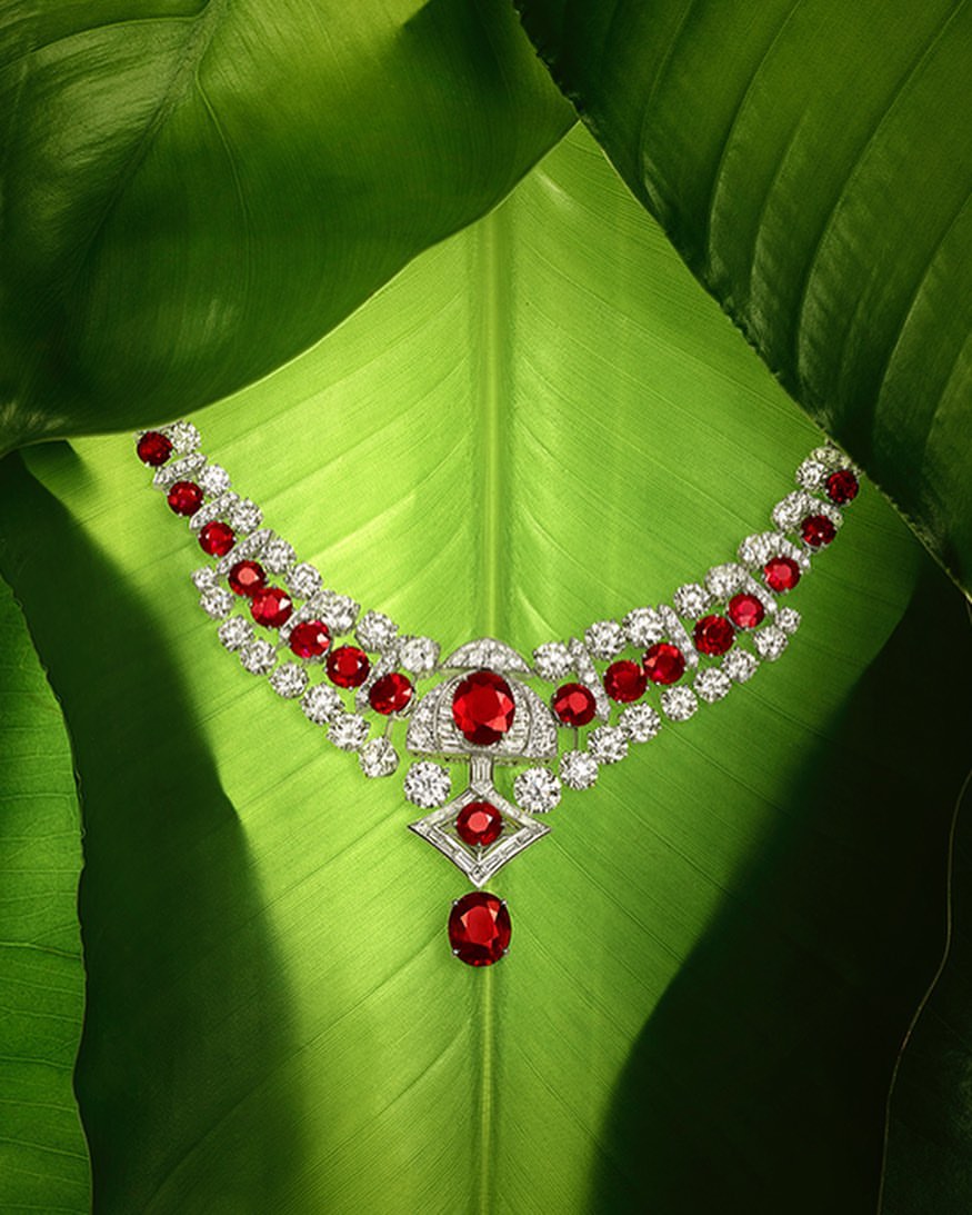 Elegant necklace with red and white gemstones displayed on a large vibrant green leaf, jewelry product shot for fashion or beauty.