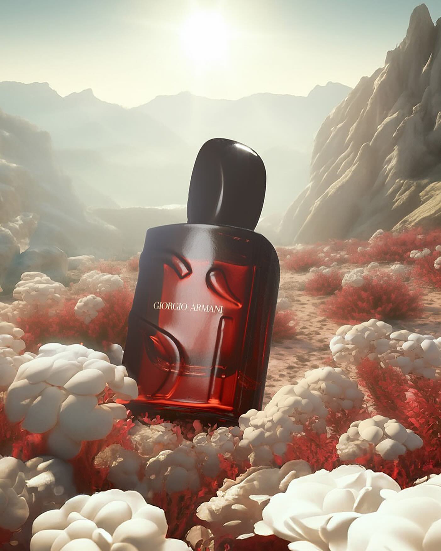 Giorgio Armani fragrance bottle in a surreal landscape with mountains and coral-like plants and white cloud-shaped elements.
