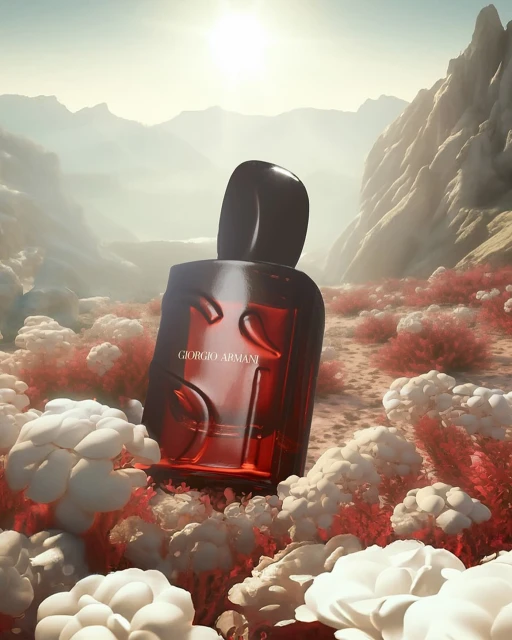 Giorgio Armani fragrance bottle in a surreal landscape with mountains and coral-like plants and white cloud-shaped elements.
