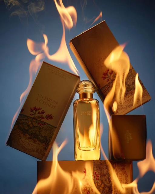 Gold perfume bottle by Hermes surrounded by product boxes and flames against a blue background in a beauty advertising shot.
