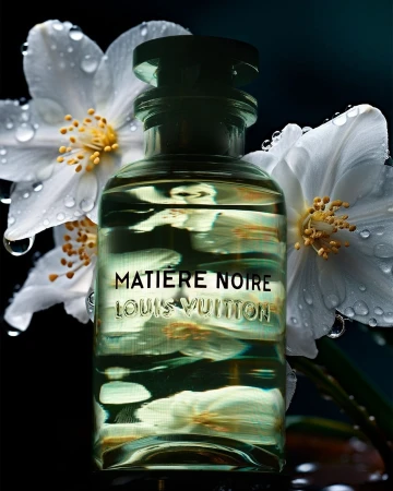 Glass perfume bottle with light green liquid placed centrally against a dark background with dew-covered white flowers.