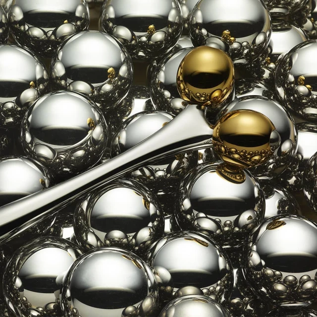 Abstract close-up of a cluster of shiny silver and gold spheres with a chrome utensil resting across some of the spheres.