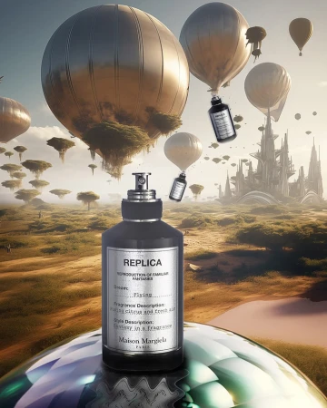 A perfume bottle sits on a reflective surface, with floating perfume bottles and orb-like hot air balloons in a surreal landscape backdrop.