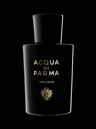 A sleek black perfume bottle with gold lettering and emblem on a dark background, showcasing minimalist design and luxury branding.