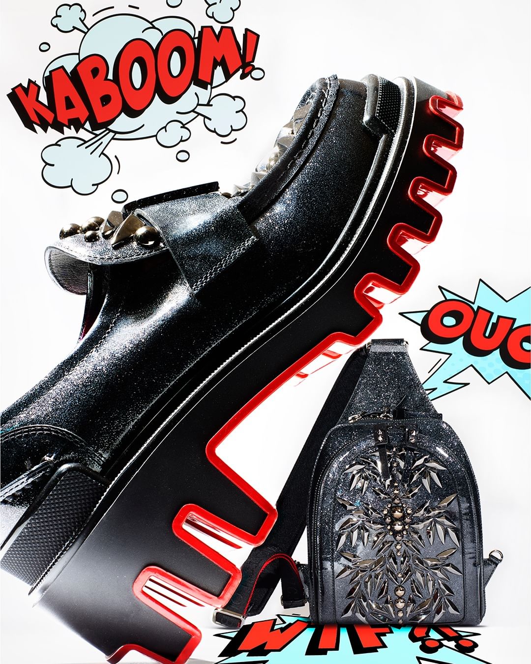 Elevated product shot of a black platform shoe with red trim and a black glitter backpack, set against pop-art styled text graphics.