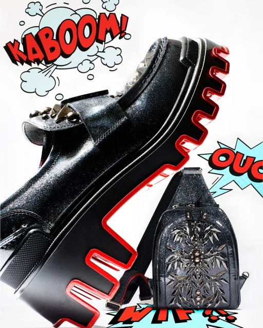 Elevated product shot of a black platform shoe with red trim and a black glitter backpack, set against pop-art styled text graphics.