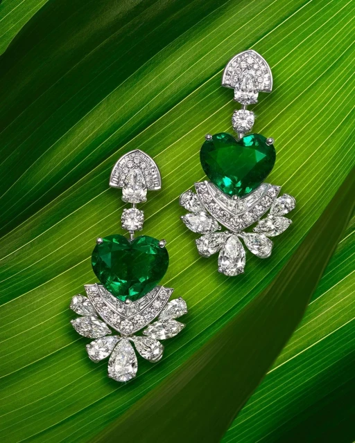 Emerald heart earrings set in white gold and diamonds on a green leaf. Elegant jewelry for fashion or beauty advertisement.