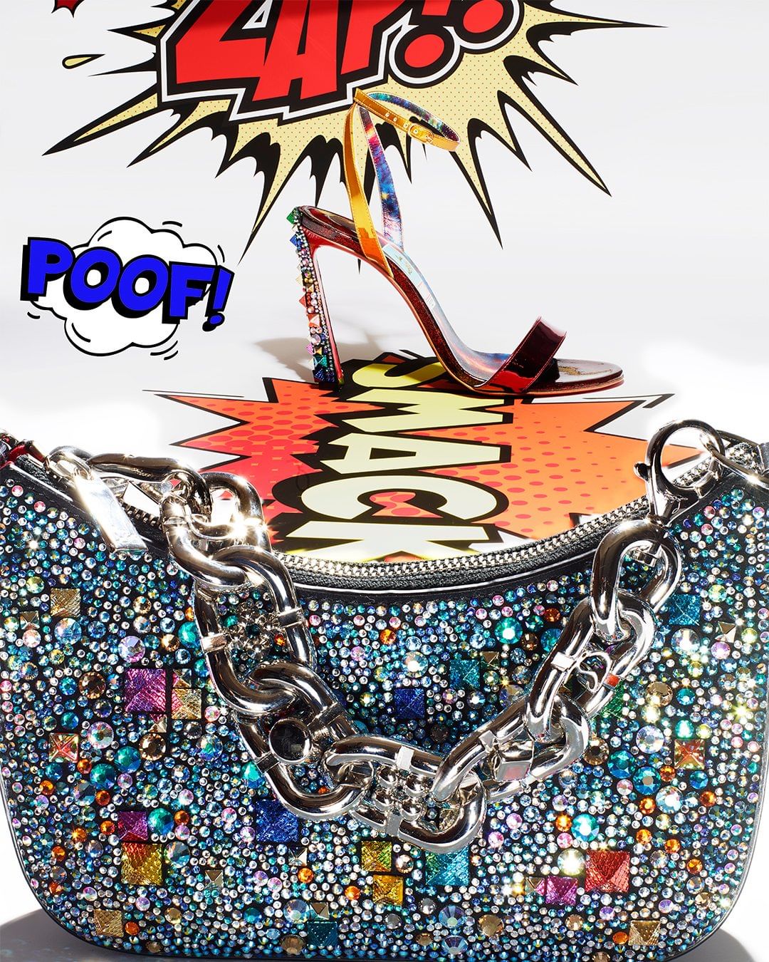 Fashion still life with a glittering evening bag and a red high-heeled sandal against a pop-art comic style background.