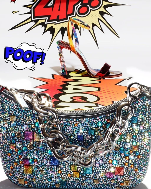 Fashion still life with a glittering evening bag and a red high-heeled sandal against a pop-art comic style background.