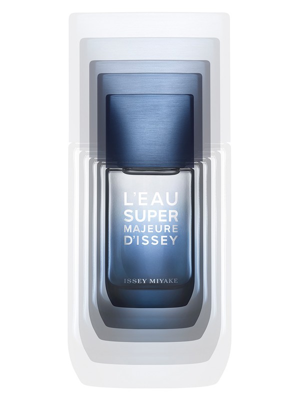Issey Miyake L'Eau Super Majeure d'Issey fragrance bottle with multiple stacked ghosted exposures on a clean white background