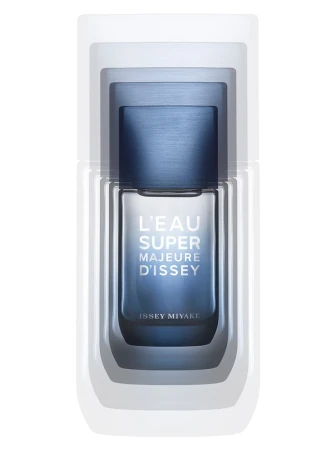 Issey Miyake L'Eau Super Majeure d'Issey fragrance bottle with multiple stacked ghosted exposures on a clean white background