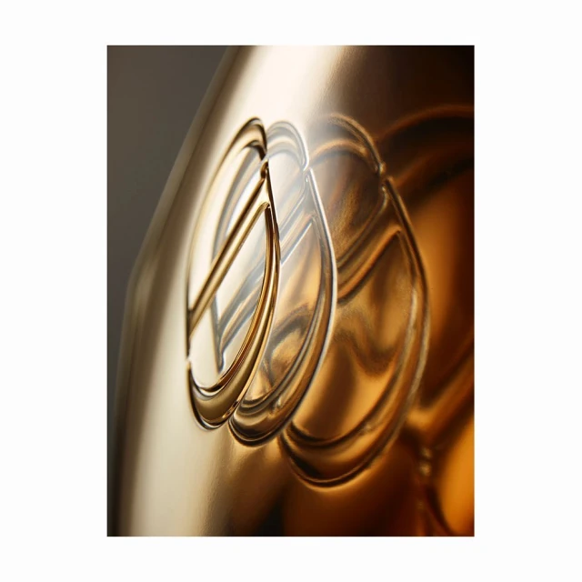 Close-up of a gold-colored container with an embossed design, highlighted by selective lighting and a smooth, reflective surface.
