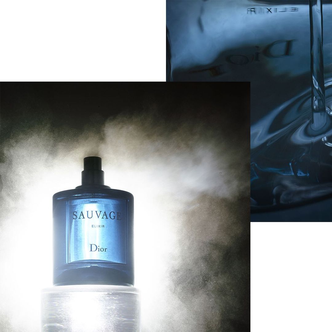 Cologne Sauvage Elixir bottle displayed with reflective water effects, creating a luxury and beauty product still life shot.