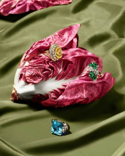 Three jeweled rings are arranged on a leaf against an olive green fabric backdrop in a bright, well-lit, eye-level still life photograph.