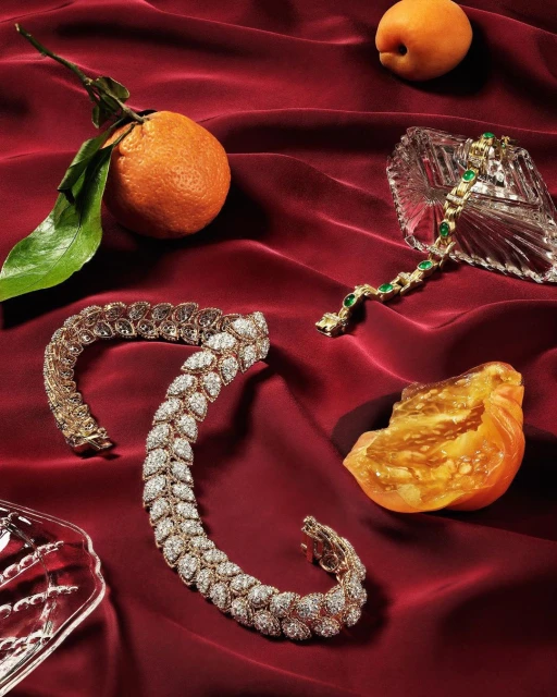 Elevated still life shot: two gold and diamond bracelets, tangerines, crystal bowls on draped red velvet. Warm, rich, luxurious.