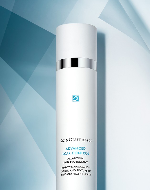 Skinceuticals Advanced Scar Control product shot in a studio setting featuring clean, minimalist design with a white container and silver accents.