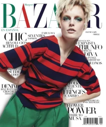 Model Hanne Gaby Odiele on Harper's Bazaar magazine cover wearing a red and navy striped top and green trousers.