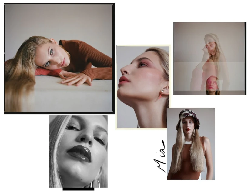 Compilation of studio portraits featuring a young blonde woman with soft lighting, neutral backgrounds, and contemporary styling; fashion editorial.