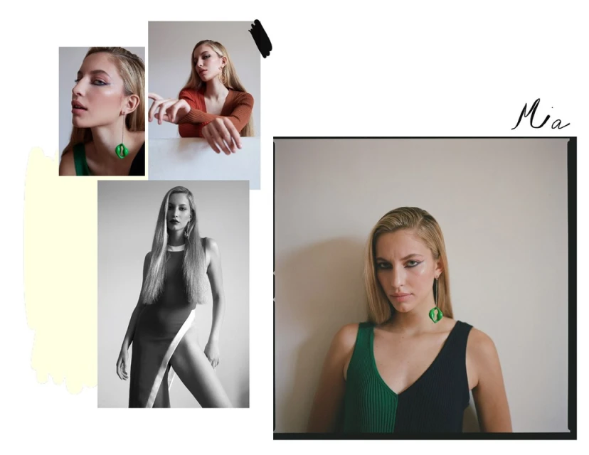 Collage of a blond woman posing in a photo studio wearing various outfits, including a color-blocked top and a long dress with a thigh slit.