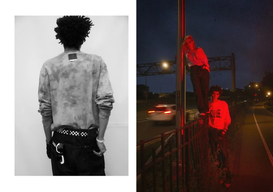 Two-panel fashion shot of two people posing outside at night and one person in studio; fashion, streetwear, and urban style imagery.