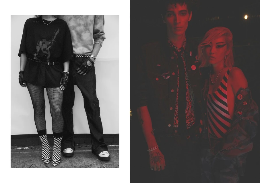 Two couples pose in contrasting light showcasing alternative fashion. The monochrome left features checkered patterns and the right, red lighting.