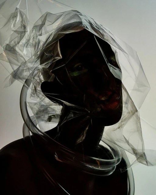 Dramatic fashion portrait: person enveloped in transparent plastic with clear tubes around the neck against a muted background.