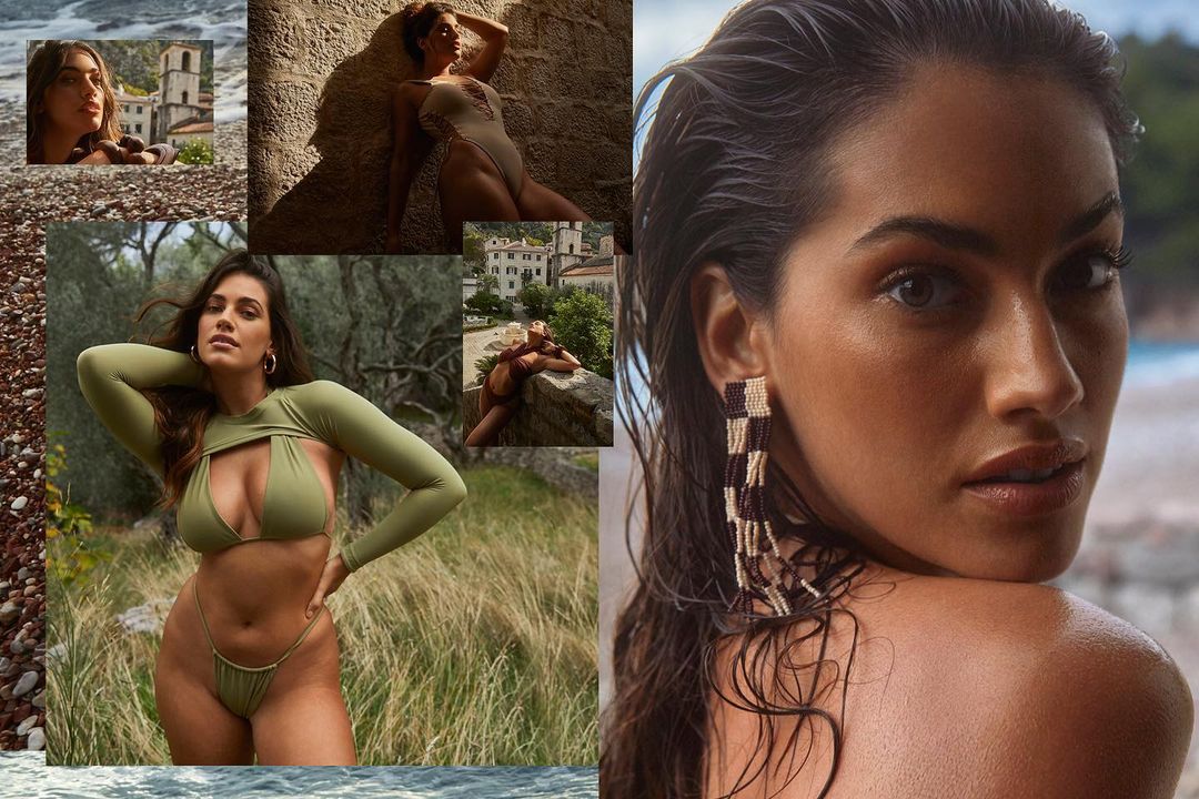 Collage of a brunette woman in swimwear posing in outdoor locations with varied backdrops of beaches, buildings, and greenery.