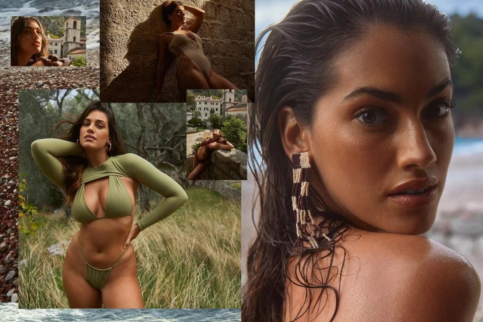 Collage of a brunette woman in swimwear posing in outdoor locations with varied backdrops of beaches, buildings, and greenery.