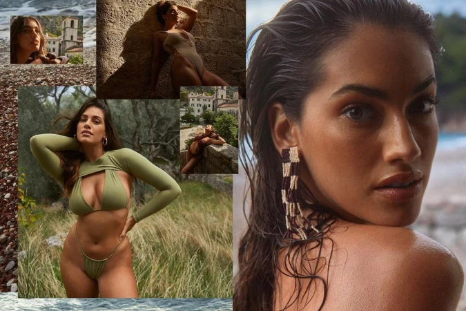 Collage of a brunette woman in swimwear posing in outdoor locations with varied backdrops of beaches, buildings, and greenery.