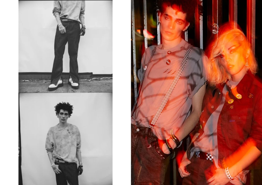 Two young adult fashion models pose indoors, wearing casual tops, jeans, and checkered belts with bracelets and vintage pins.