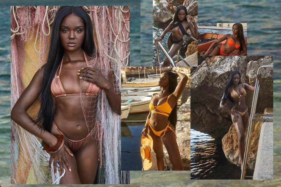 Collage of a dark-skinned woman wearing different bikinis, showcasing fashion and style in various outdoor locations by the sea.