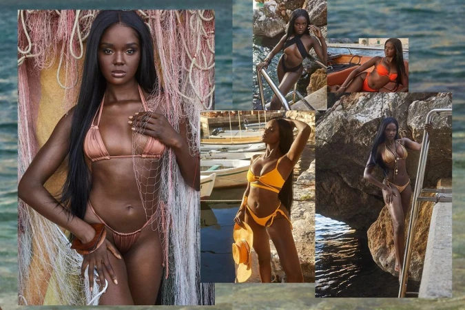 Collage of a dark-skinned woman wearing different bikinis, showcasing fashion and style in various outdoor locations by the sea.