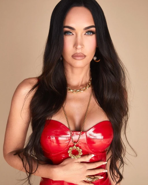 Portrait of a brunette woman with blue eyes wearing a red patent leather top and gold jewelry against a beige background.