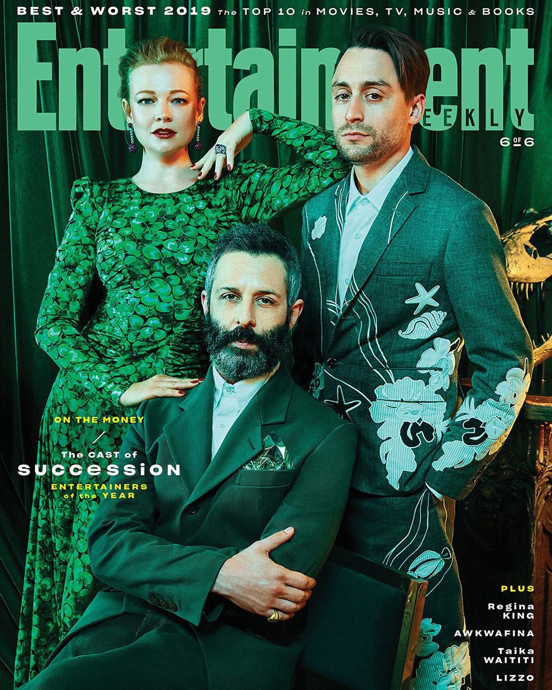 Entertainment Weekly cover featuring three cast members from 'Succession' in green suits and dress against a matching green backdrop.