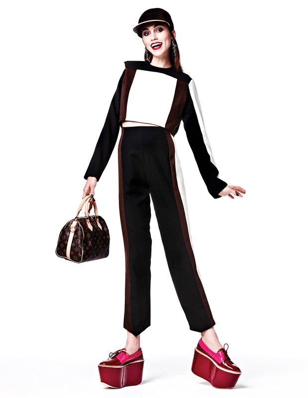 A full-length studio shot features a stylish young woman in a contemporary black, white, and brown outfit, accessorized with a handbag and platform shoes.