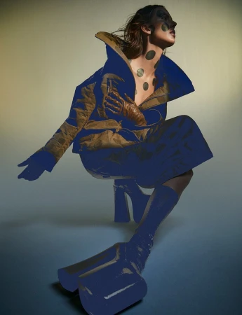 Fashion shot of a woman in a jacket, dress, and boots, adorned with circles on her face and neck, set against a neutral backdrop.
