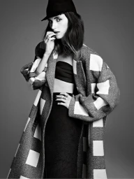 Model in checkered coat and cap with hand to mouth photographed by James Macari in New York