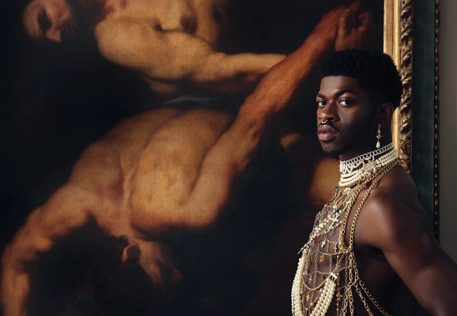 Lil Nas X poses indoors with a historical painting, wearing jewelry including a pearl choker and gold chains in a portrait shot.