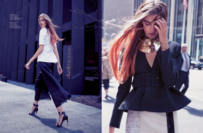 A fashion editorial shot featuring a woman walking on a city street in a white blouse, culottes, and black heels, with a sharp urban backdrop.