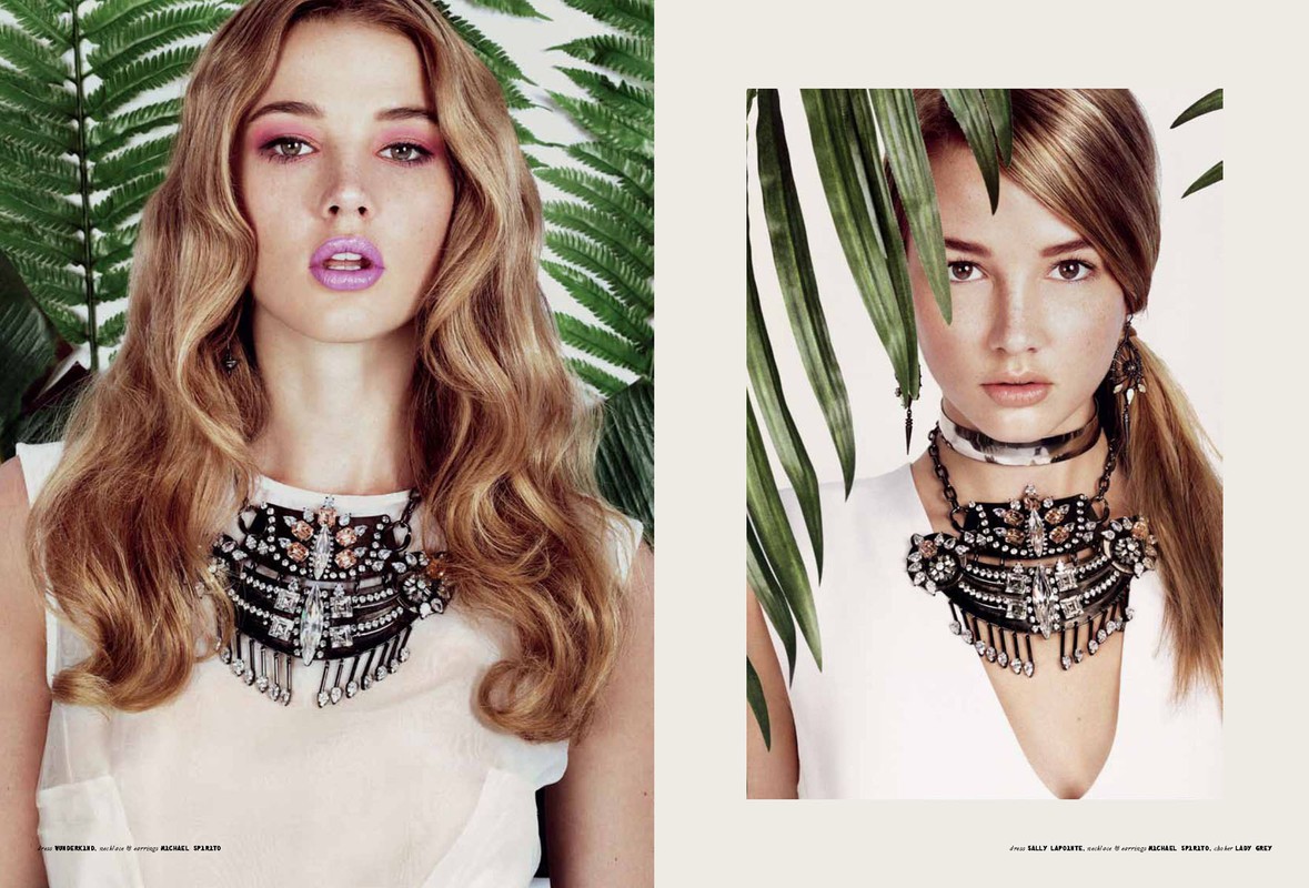 Two fashion magazine covers feature models with statement necklaces; one model is framed by fern leaves against a light off-white backdrop.