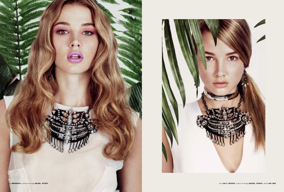 Two fashion magazine covers feature models with statement necklaces; one model is framed by fern leaves against a light off-white backdrop.