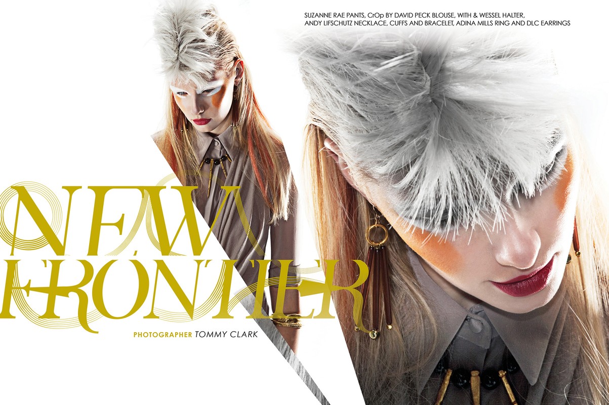 Fashion editorial shot with a young adult woman featuring dramatic makeup, an avant-garde feathered headdress, and stylish jewelry.