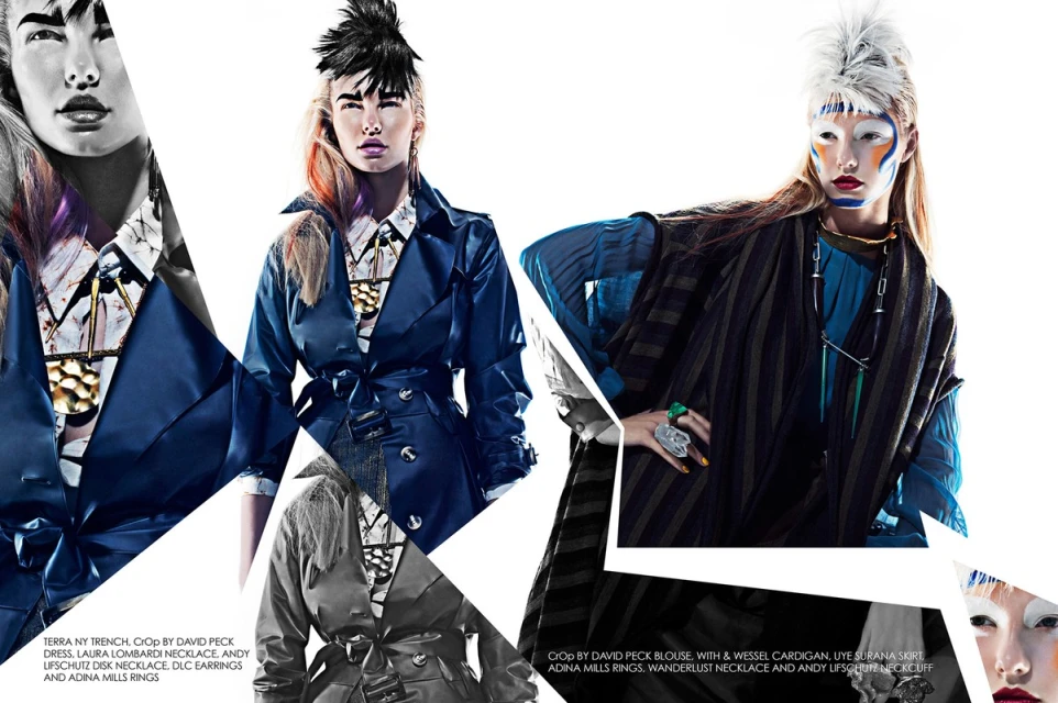 High-fashion studio shot showcases two women in contrasting styles, featuring bold makeup, statement jewelry, and trendy jackets against white.