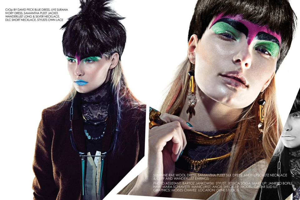 Close-up fashion shot of two women with avant-garde makeup and hairstyles wearing statement jewelry and high-fashion garments in studio lighting.