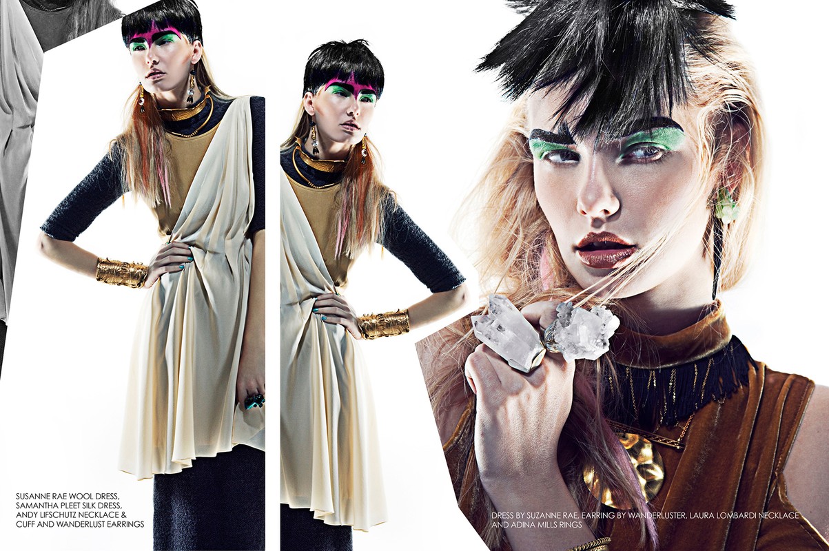 High-fashion studio shot: two women with dramatic makeup, wearing modern dresses with vintage jewelry and cuff bracelets against white.