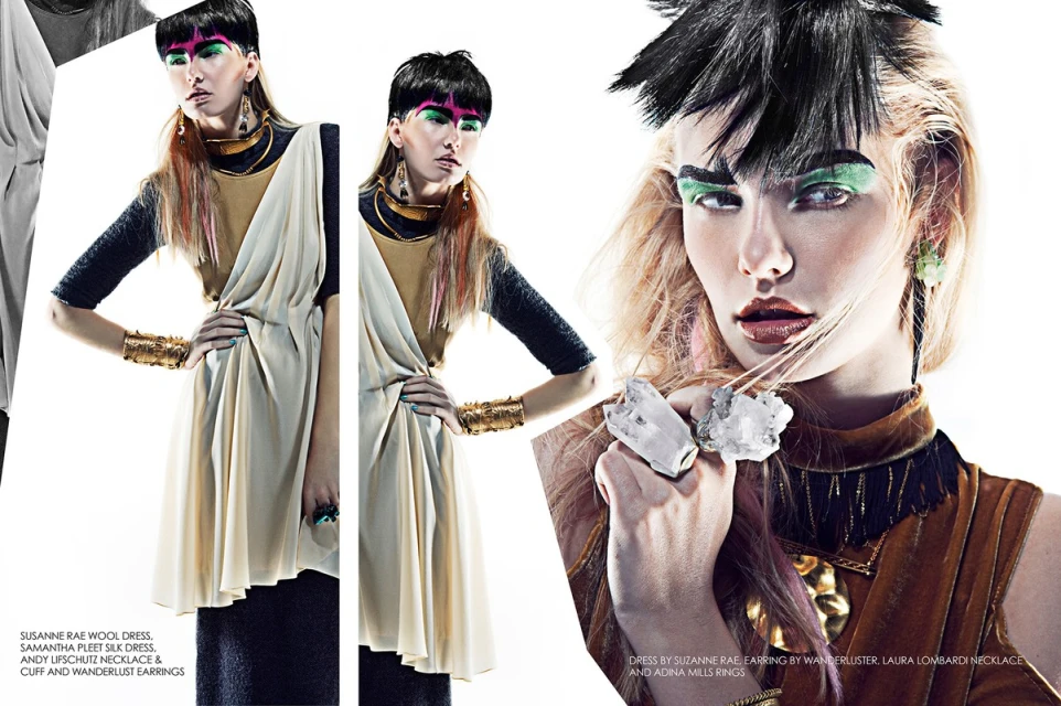 High-fashion studio shot: two women with dramatic makeup, wearing modern dresses with vintage jewelry and cuff bracelets against white.