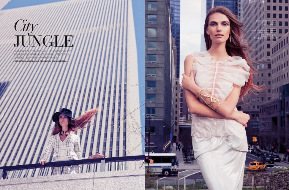 Fashion editorial featuring a slender woman in a white top and skirt, posing outdoors with modern buildings in the background on a sunny day.